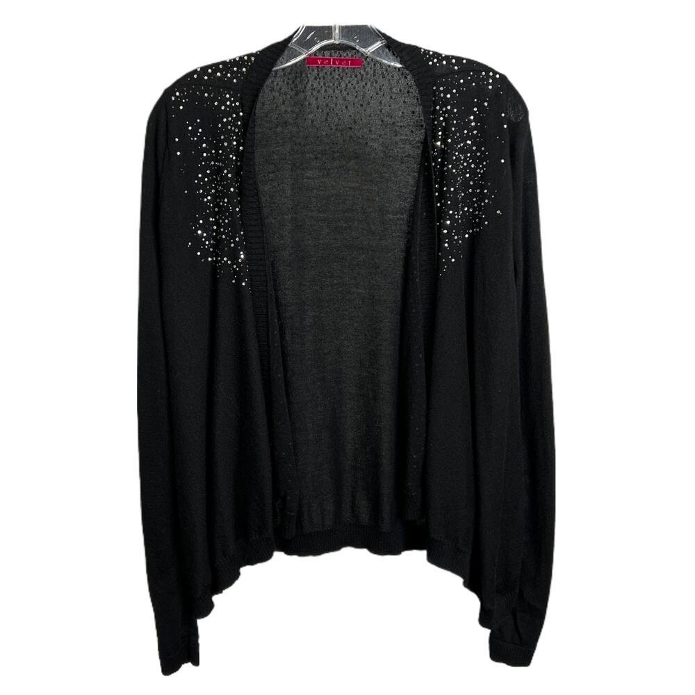 Velvet Women's Sz S Cardigan‎ Sweater Black Open Front Sequin Trim Silk Cashmere